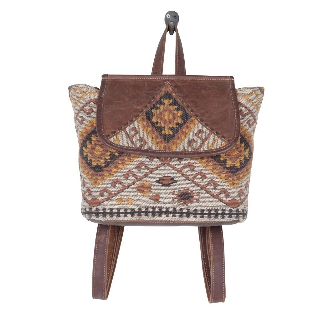 Myra Bag Handmade Terreous  Backpack Upcycled Canvas & Cowhide Leather - Picture 5 of 9